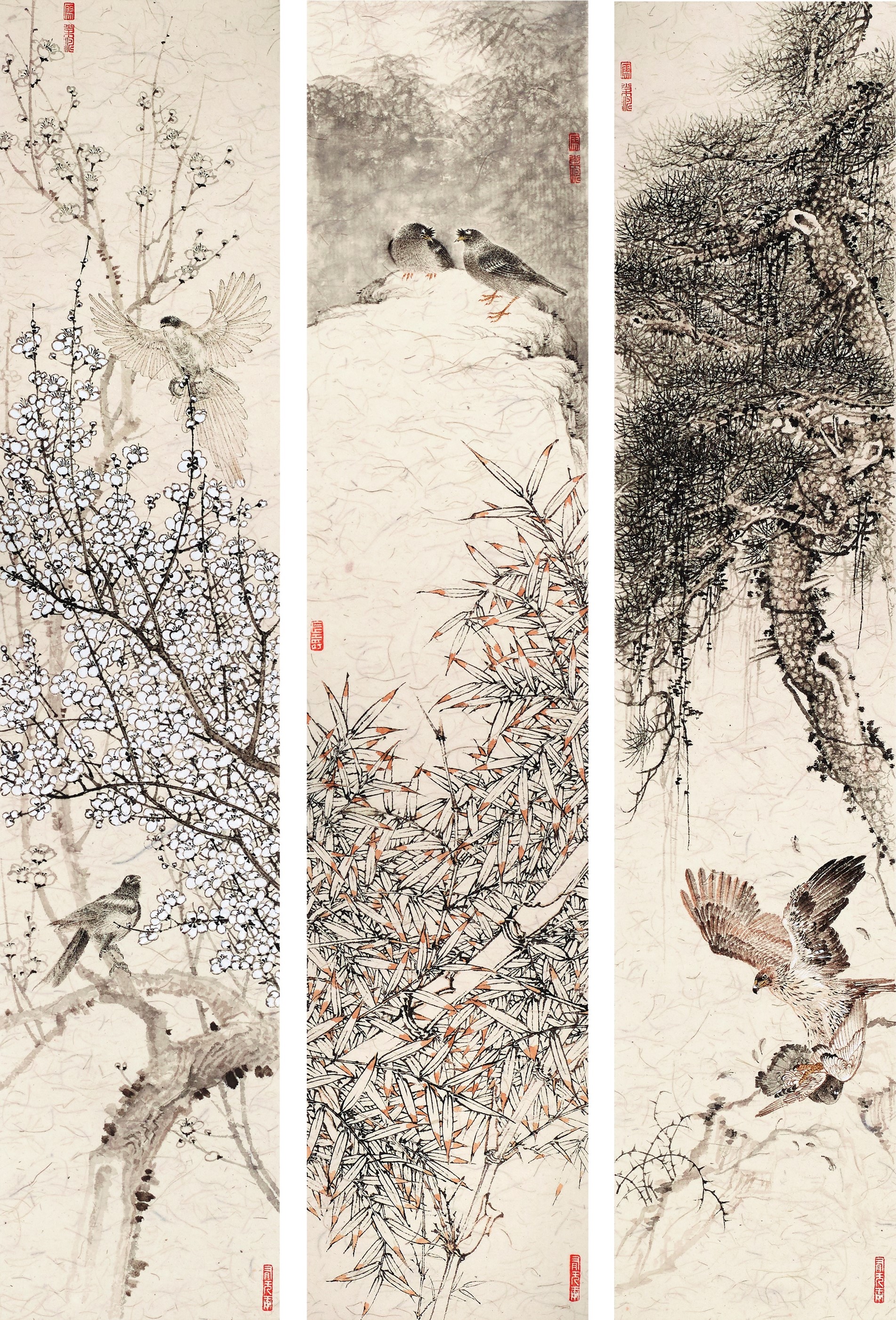 <h2>岁寒三友</h2><p>作者：廖松涛</p><p>创作年代：2023年</p><p>规格：34cm×7cm×3</p><p>品类：生宣硬卡</p>